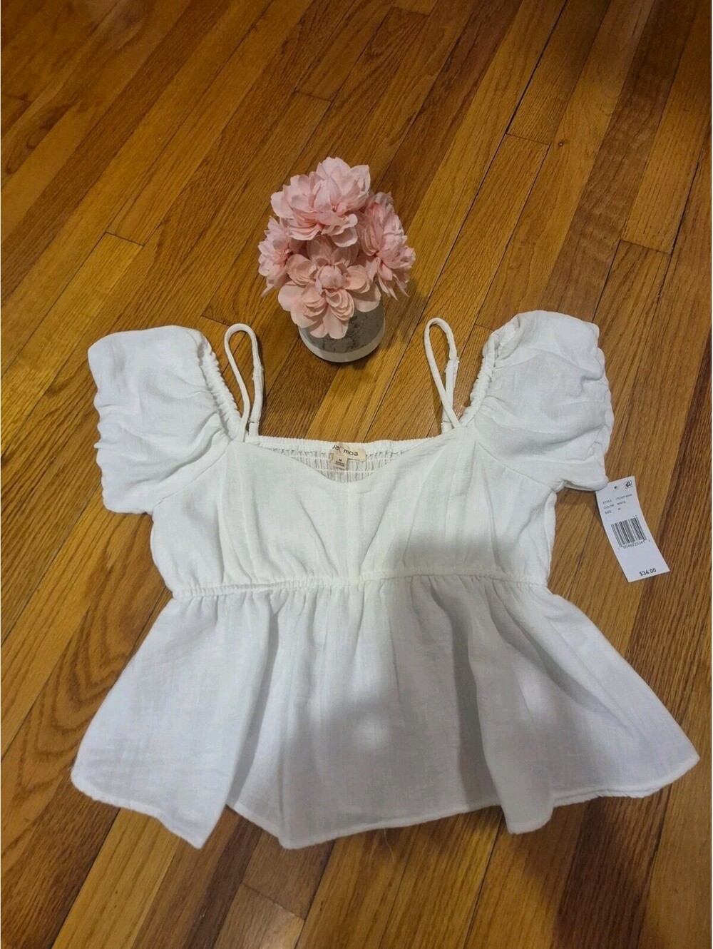Moa Moa White Puff Sleeve Crop Blouse Women's Med. Peplum Smocked Cottagecore - Picture 2 of 9